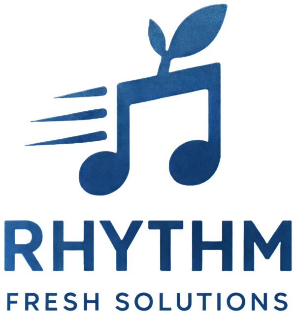 Blue logo featuring a musical note with leaves and the words 'Rhythm Fresh Solutions'.