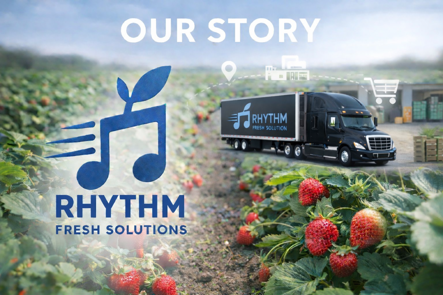 Rhythm Fresh Solutions truck parked near strawberry fields with mountains in the background.