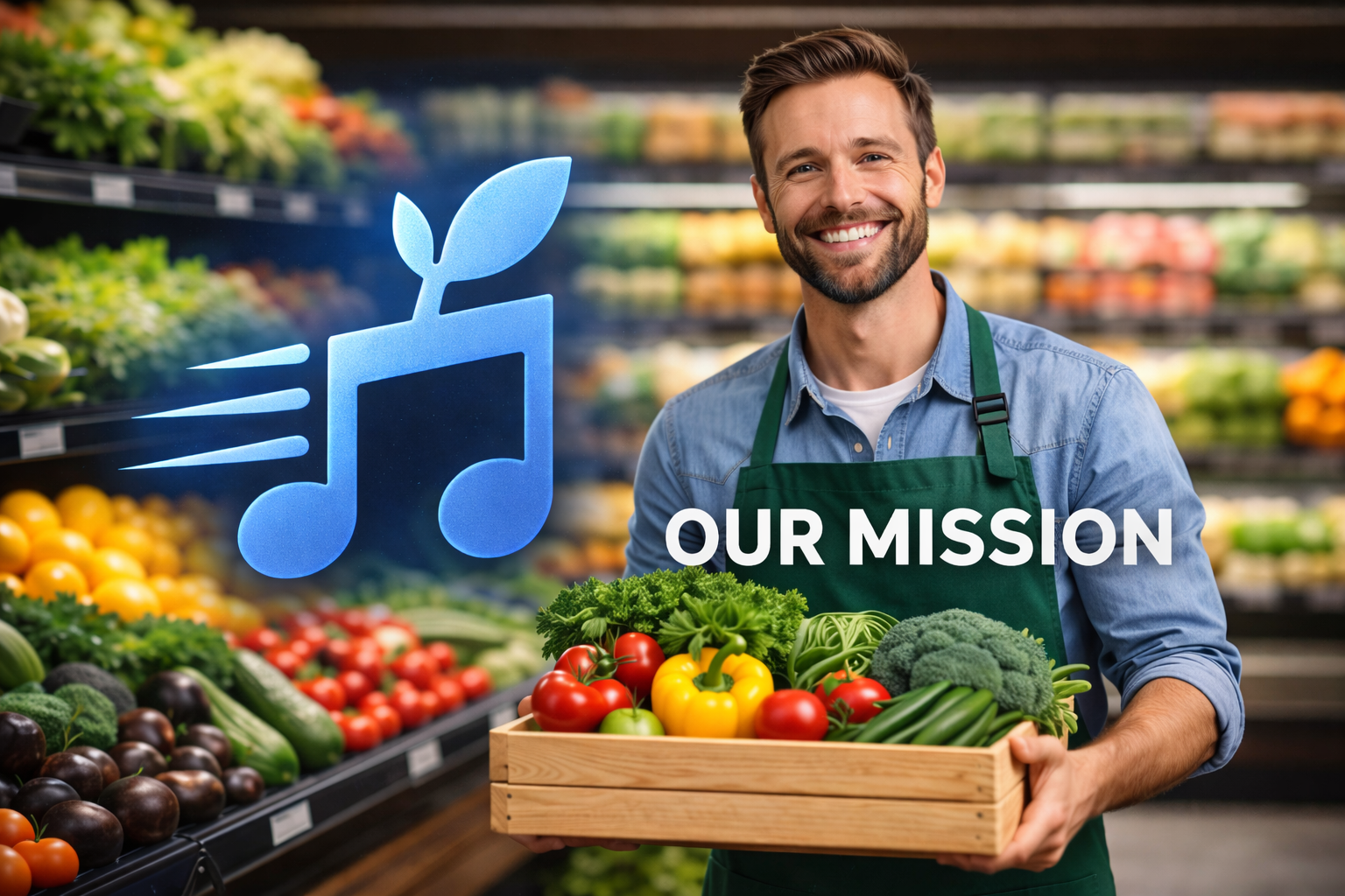 Man holding fresh vegetables in a grocery store with 'Our Mission' text.